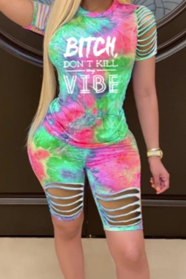 

Lovely Casual Letter Print Tie-dye Green Two-piece Shorts Set