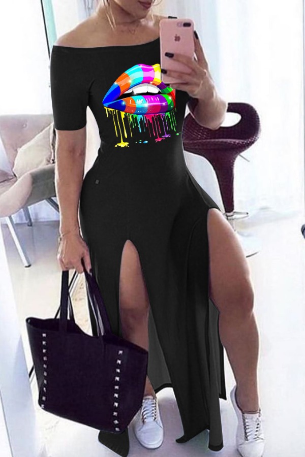 

lovely Casual Off The Shoulder Lip Print Black Maxi Dress