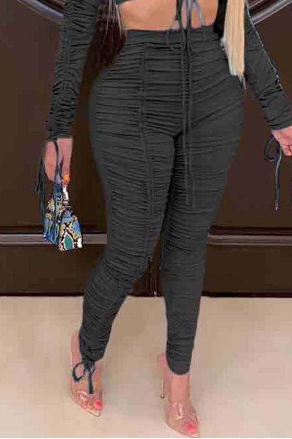 

lovely Casual High-waisted Draped Design Black Pants