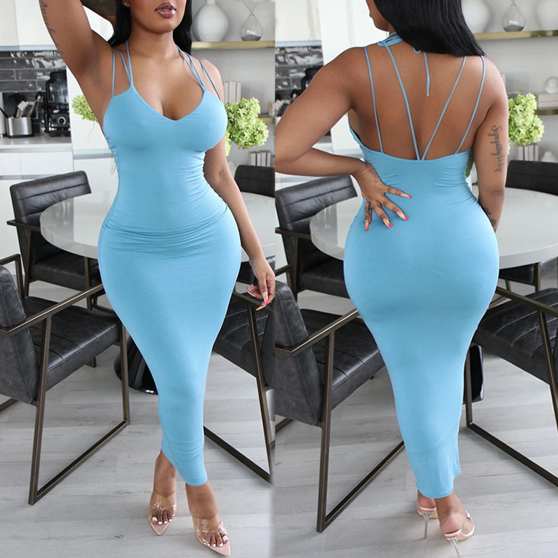 

lovely Sexy Spaghetti Strap Hollow-out Blue Ankle Length Dress