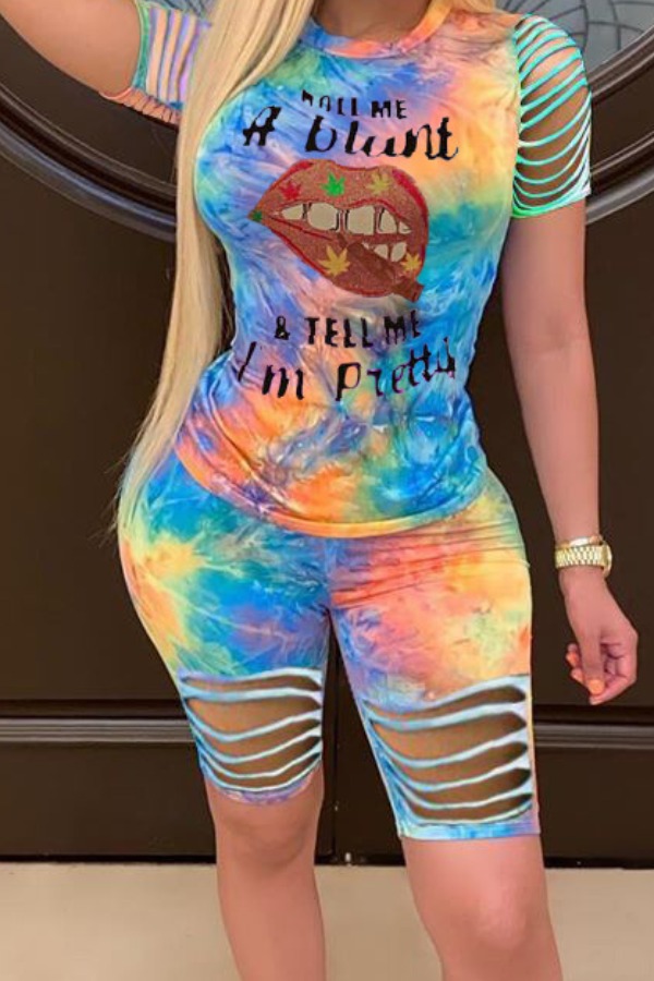 

lovely Casual Letter Print Hollow-out Blue Two-piece Shorts Set