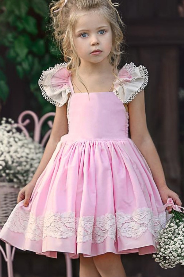 

lovely Trendy Lace Trim Patchwork Pink Knee Length Girl Dress