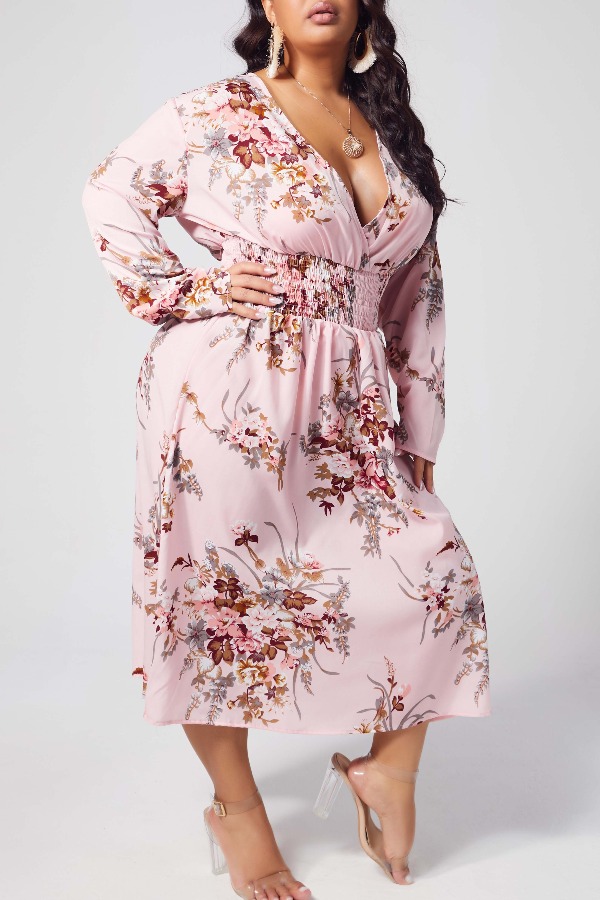 

lovely Trendy V Neck Print Pink Mid Calf A Line Plus Size Dress