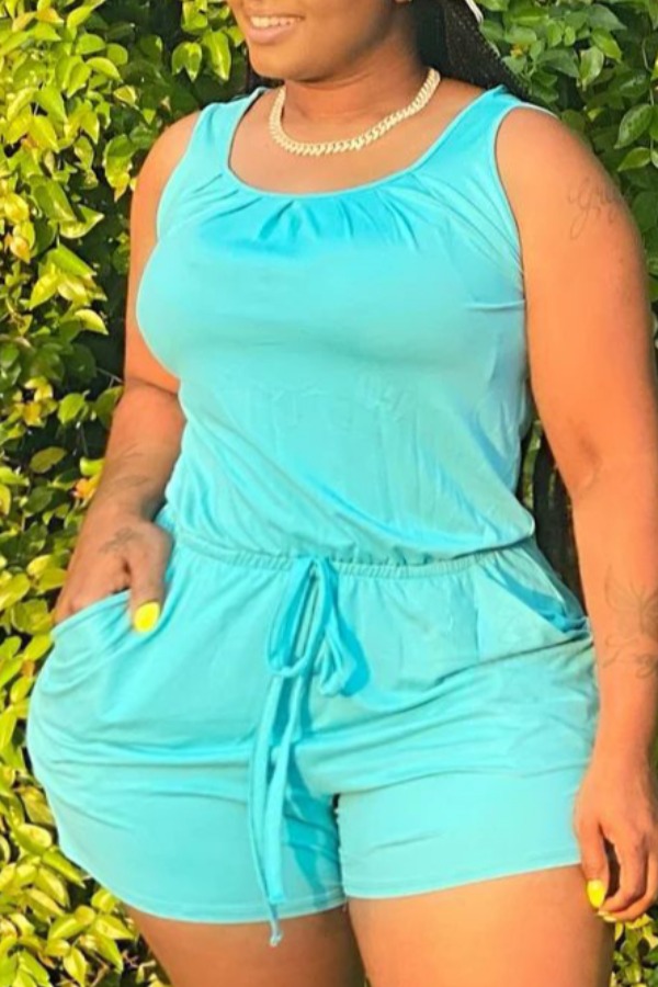 

Lovely Casual Drawstring Blue Plus Size One-piece Romper