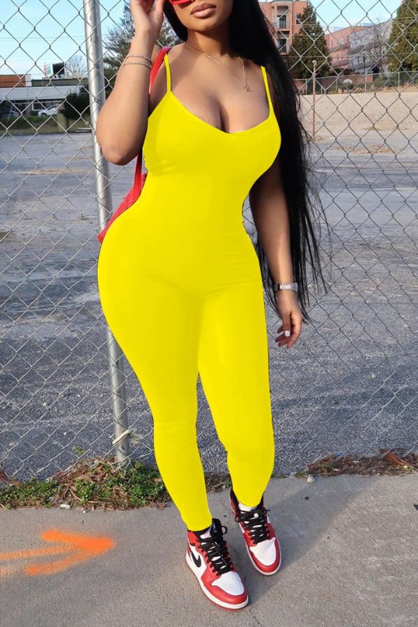 

lovely Casual Spaghetti Strap Yellow One-piece Jumpsuit