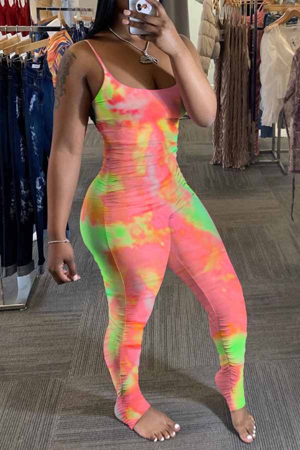 

lovely Casual Spaghetti Strap Tie-dye Pink One-piece Jumpsuit