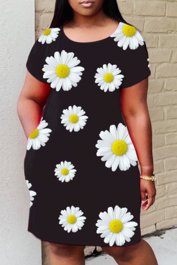 

lovely Casual O Neck Floral Print Black Knee Length A Line Dress