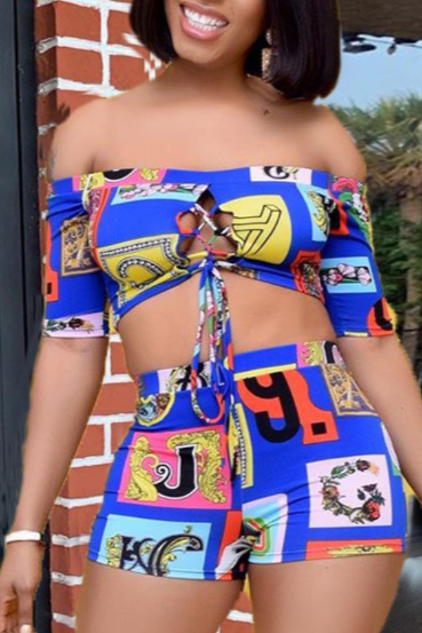 

Lovely Sexy Off The Shoulder Letter Print Blue Two-piece Shorts Set