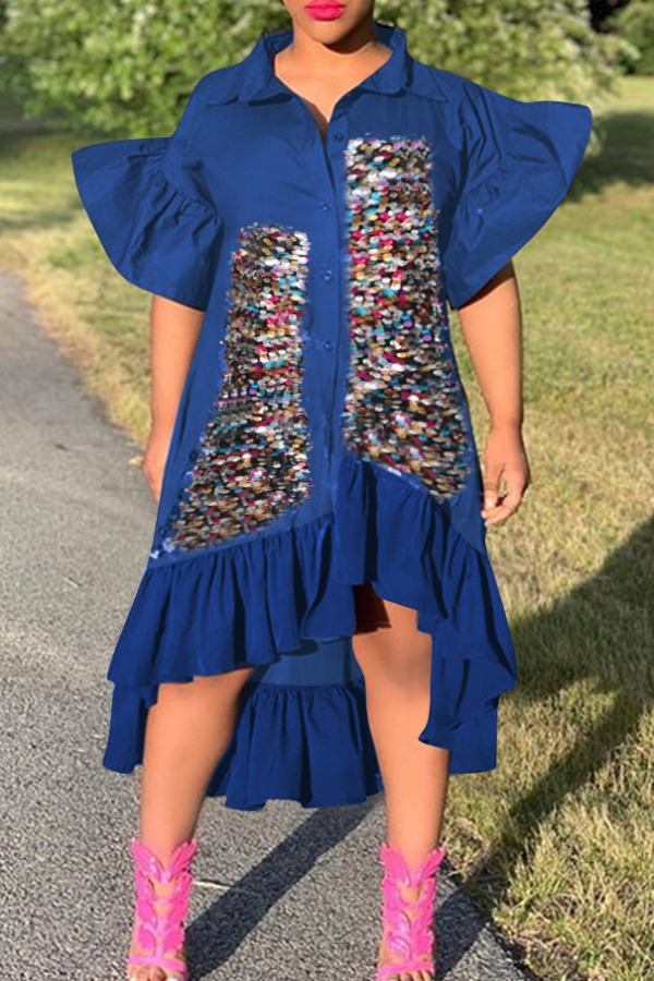 

lovely Stylish Patchwork Asymmetrical Blue Mid Calf Dress