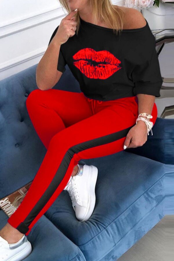 Lovely Casual Lip Print Red Two Piece Pants Set