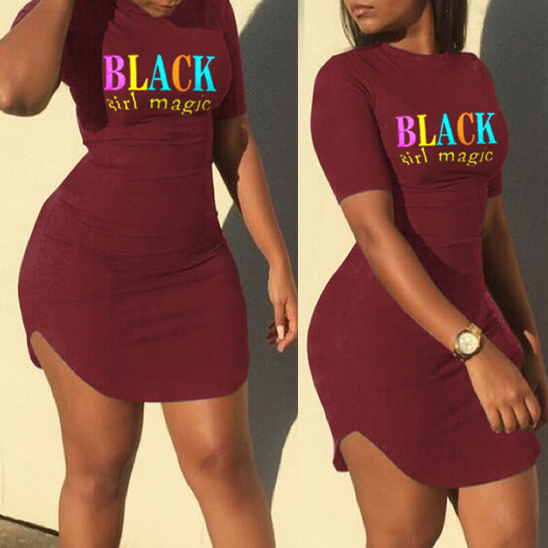

Lovely Leisure O Neck Letter Print Wine Red Mini Dress
