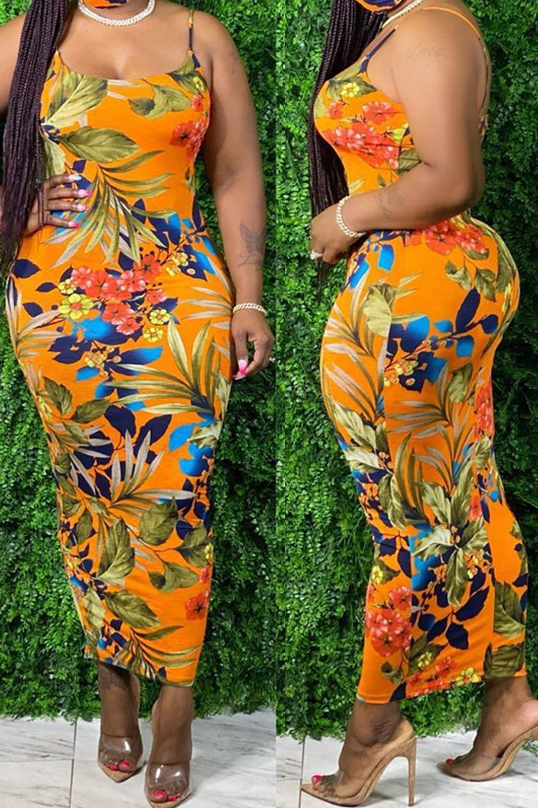 

lovely Stylish Plants Print Yellow Ankle Length Dress