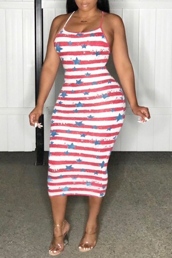 

lovely Casual Striped Print White Mid Calf Dress