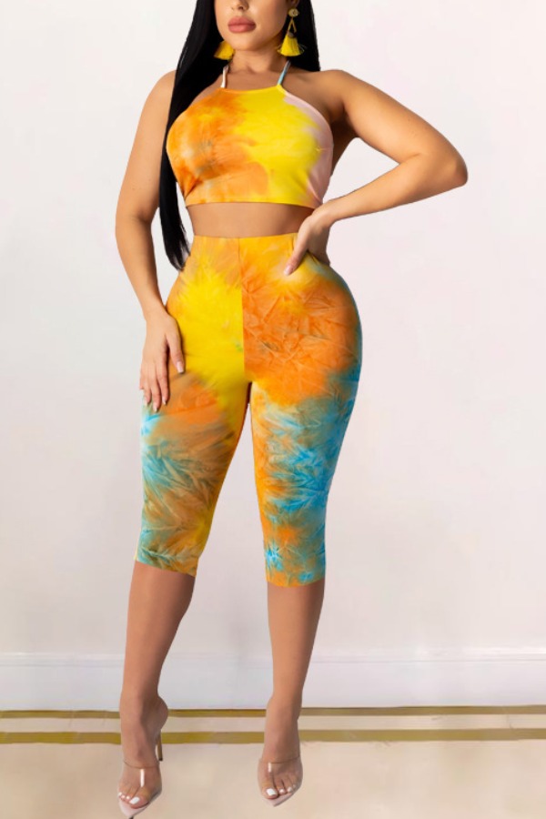 

lovely Leisure Tie-dye Yellow Two-piece Shorts Set