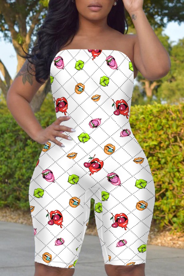 

lovely Trendy One Shoulder Lip Print White Plus Size One-piece Romper