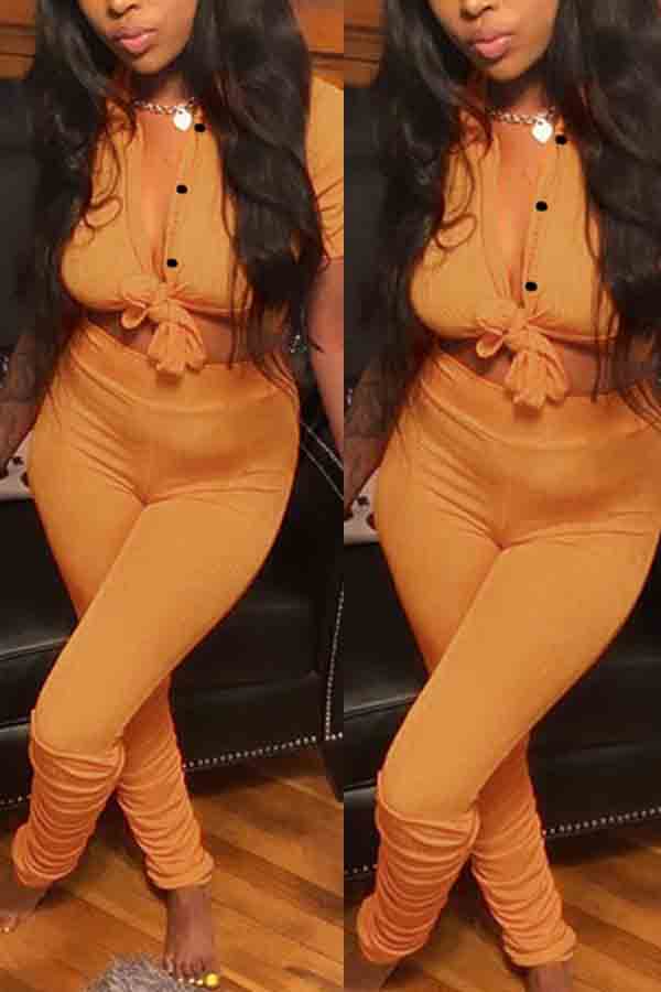 

lovely Stylish Buttons Design Orange Two-piece Pants Set