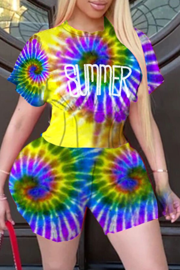 

lovely Leisure Tie-dye Purple Two-piece Shorts Set