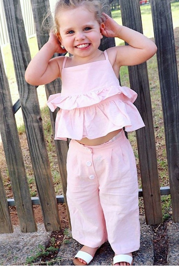 

lovely Sweet Flounce Design Pink Girl Two-piece Pants Set
