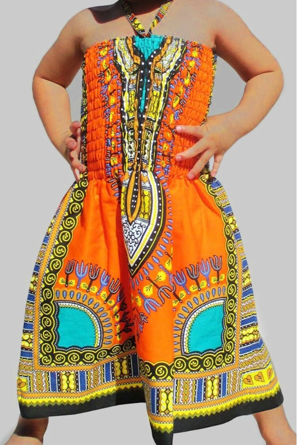 

lovely Bohemian Print Orange Girl Knee Length Dress