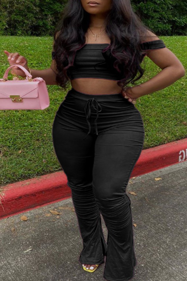 

Lovely Casual Dew Shoulder Black Plus Size Two-piece Pants Set