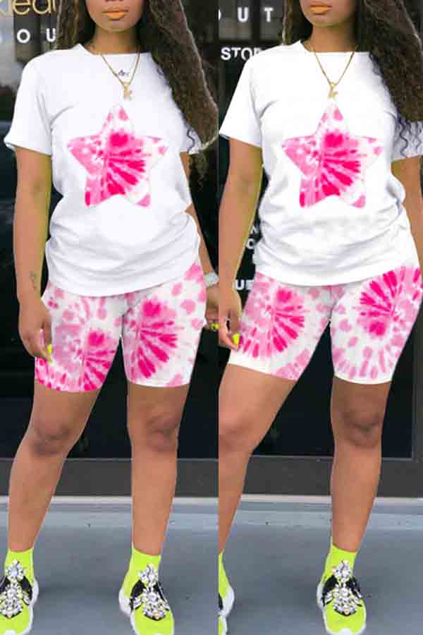 

lovely Casual O Neck Print Pink Two-piece Shorts Set