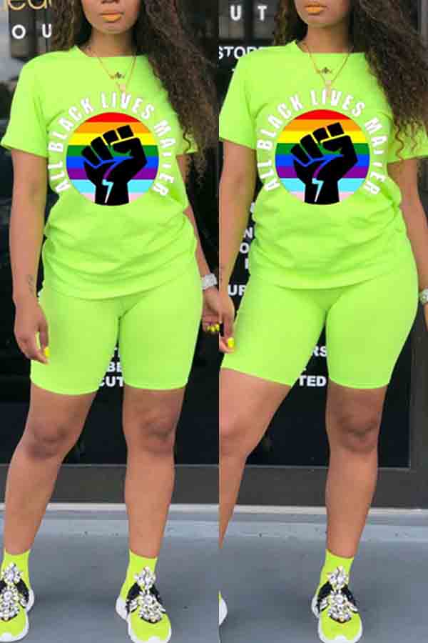 

lovely Casual O Neck Print Green Two-piece Shorts Set