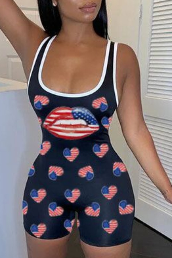 

Lovely Sexy Lip Print Black One-piece Romper