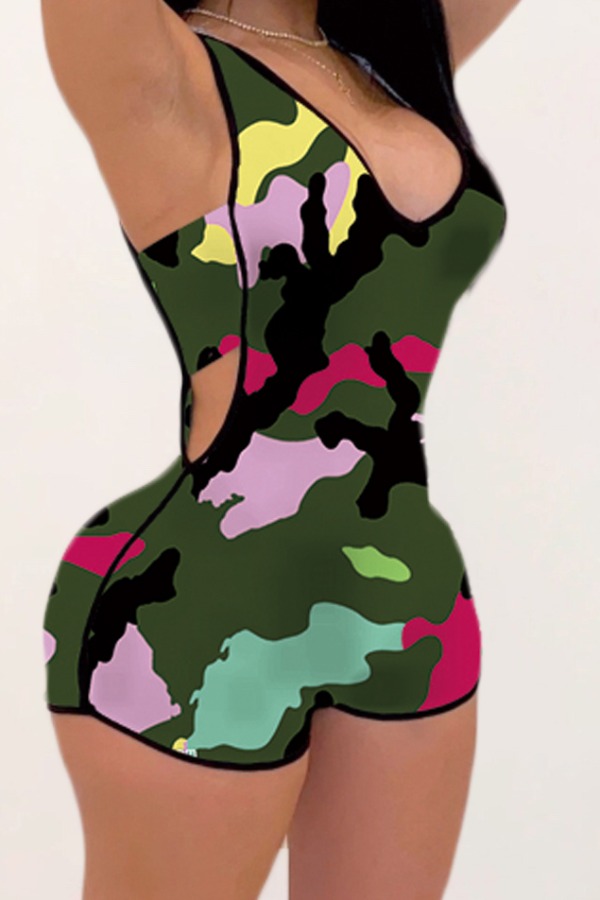 

Lovely Street Camo Print Hollow-out Black Green One-piece Romper