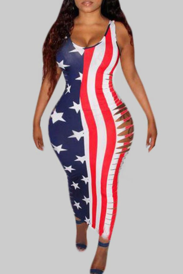 

Lovely Independence Day Street Print Patchwork Red Ankle Length Plus Size Dress