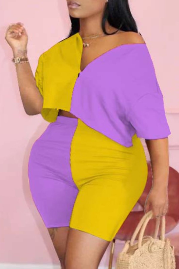 

Lovely Leisure Patchwork Yellow Plus Size Two-piece Shorts Set