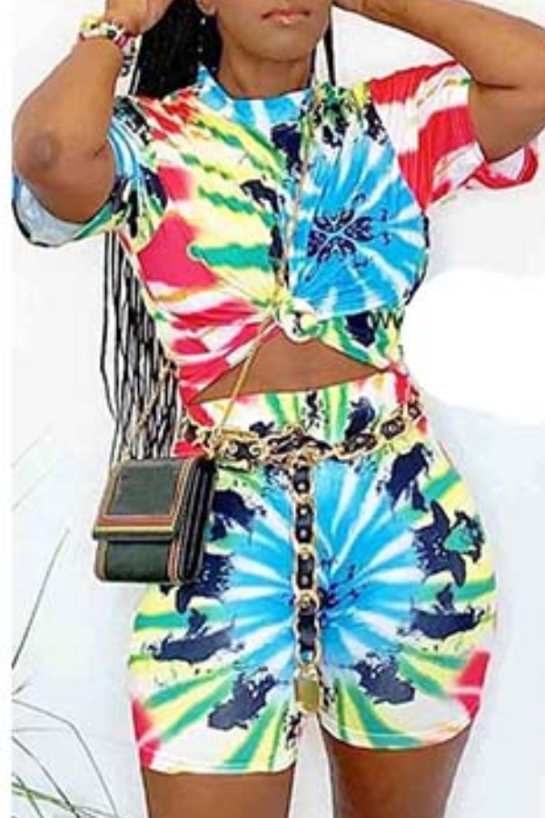 

Lovely Leisure O Neck Tie-dye Blue Two-piece Pants Set