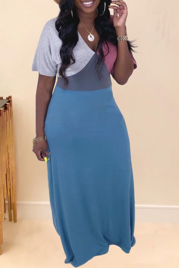 

lovely Casual Color-lump Patchwork Grey Maxi Dress