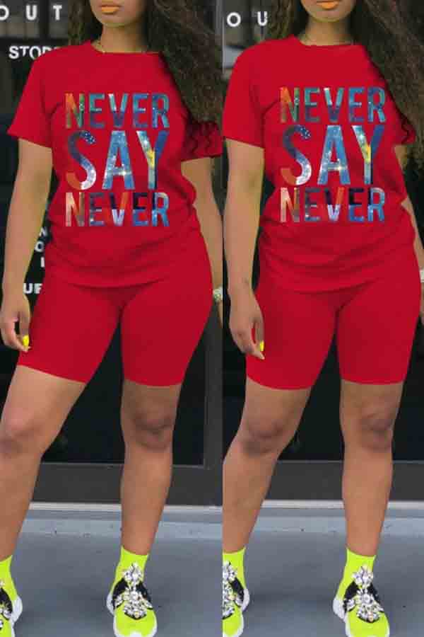 

lovely Casual Letter Print Red Two-piece Shorts Set