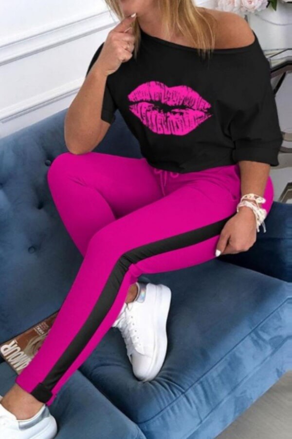 

LW Casual Lip Print Purple Two Piece Pants Set