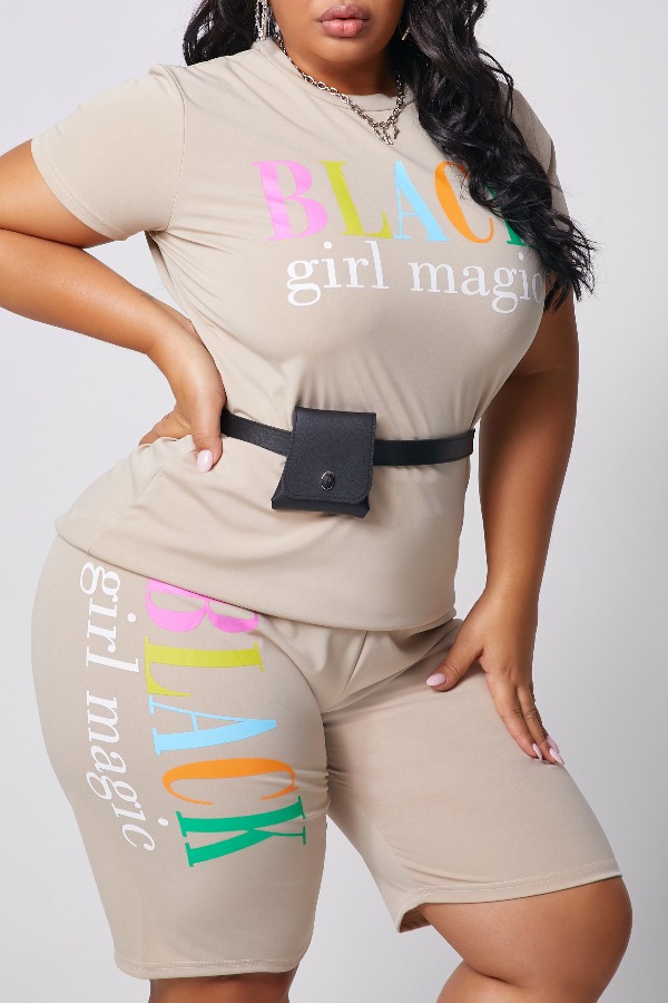 

lovely Casual Letter Print Apricot Plus Size Two-piece Shorts Set