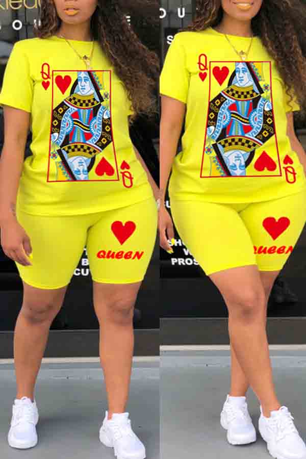 

lovely Stylish O Neck Print Yellow Plus Size Two-piece Pants Set