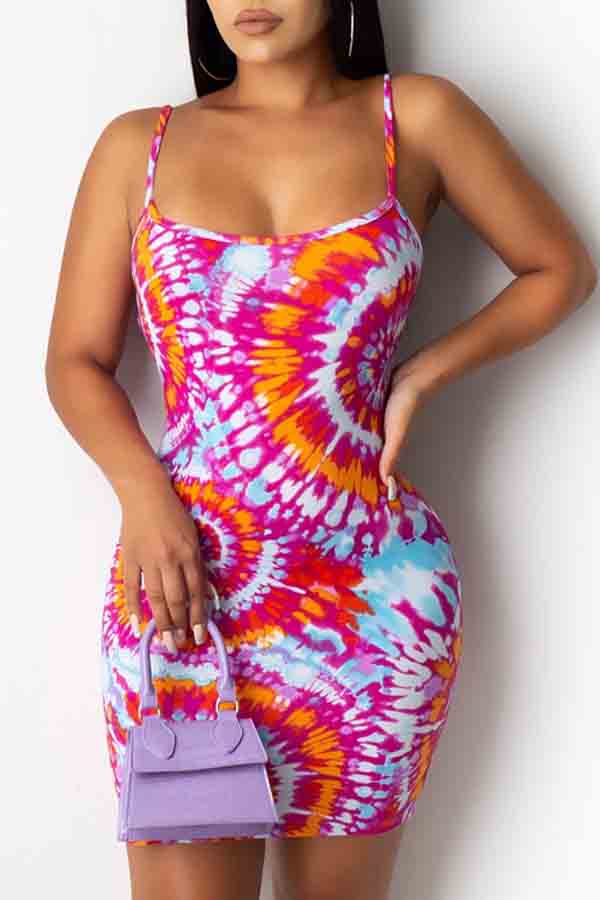 

lovely Bohemian Spaghetti Strap Tie-dye Red Mini Plus Size Dress