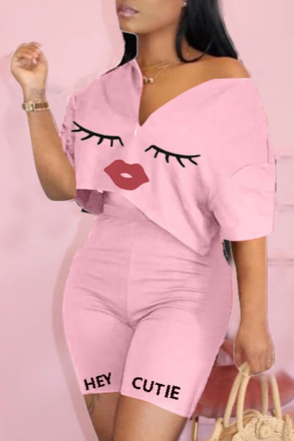 

Lovely Casual Print Pink Two-piece Shorts Set