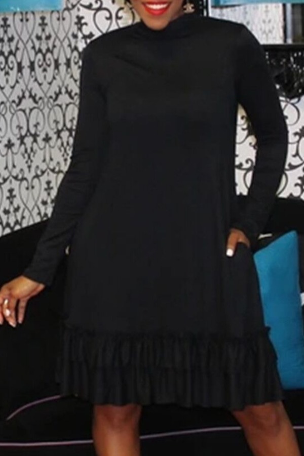 

lovely Trendy Layered Cascading Ruffle Black Knee Length Dress