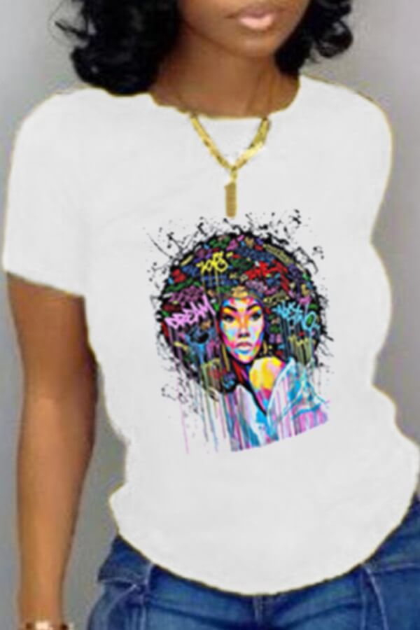 

Lovely Leisure O Neck Print White T-shirt