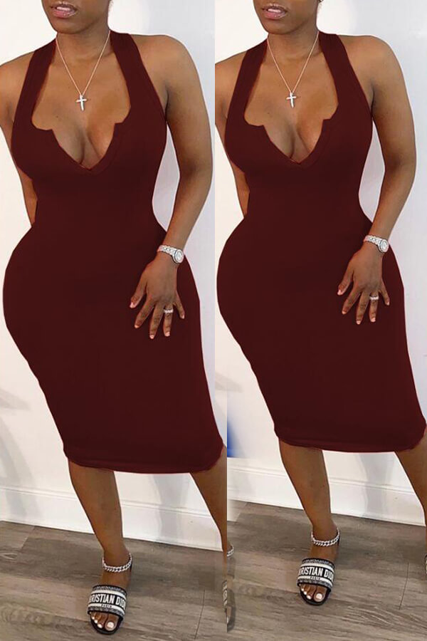 

LW Sexy V Neck Skinny Wine Red Knee Length Dress