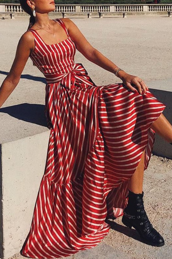 

lovely Bohemian Striped Red Ankle Length Dress
