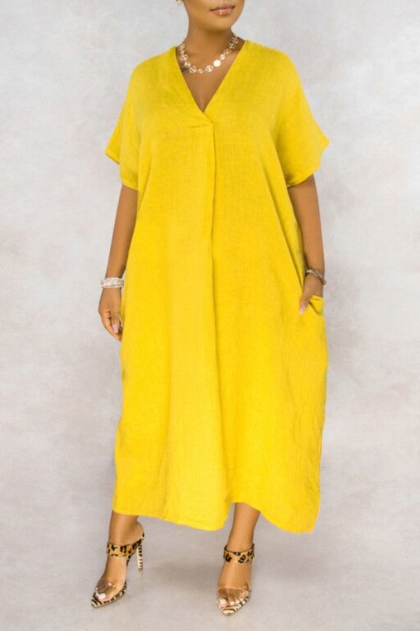 

lovely Bohemian Pocket Patched Yellow Ankle Length Dress