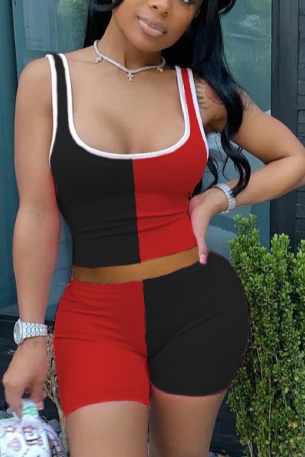 

LW Sportswear Patchwork Black Two-piece Shorts Set