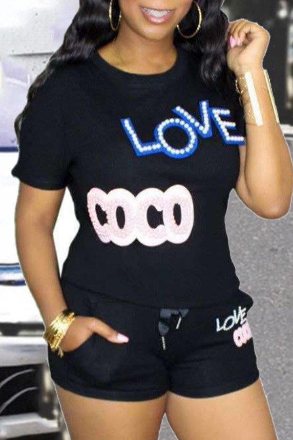 

lovely Leisure O Neck Print Black Two-piece Shorts Set