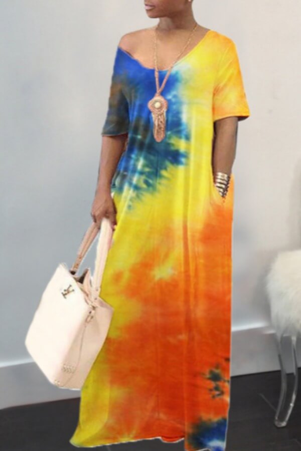 

Lovely Casual Tie-dye Orange Maxi Dress