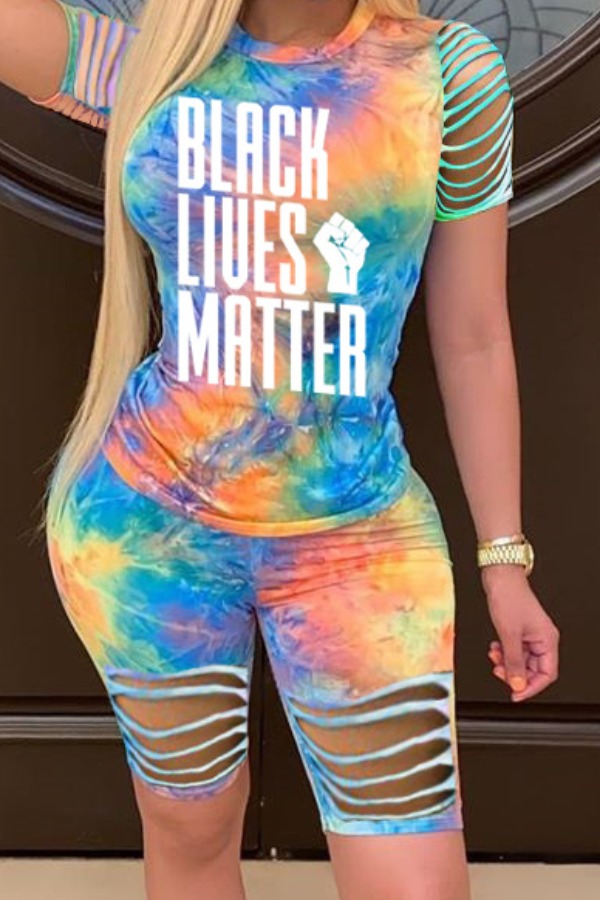 

lovely Trendy Tie-dye Hollow-out Blue Two-piece Shorts Set