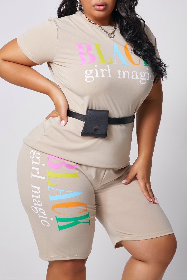 

lovely Leisure Letter Print Apricot Plus Size Two-piece Shorts Set