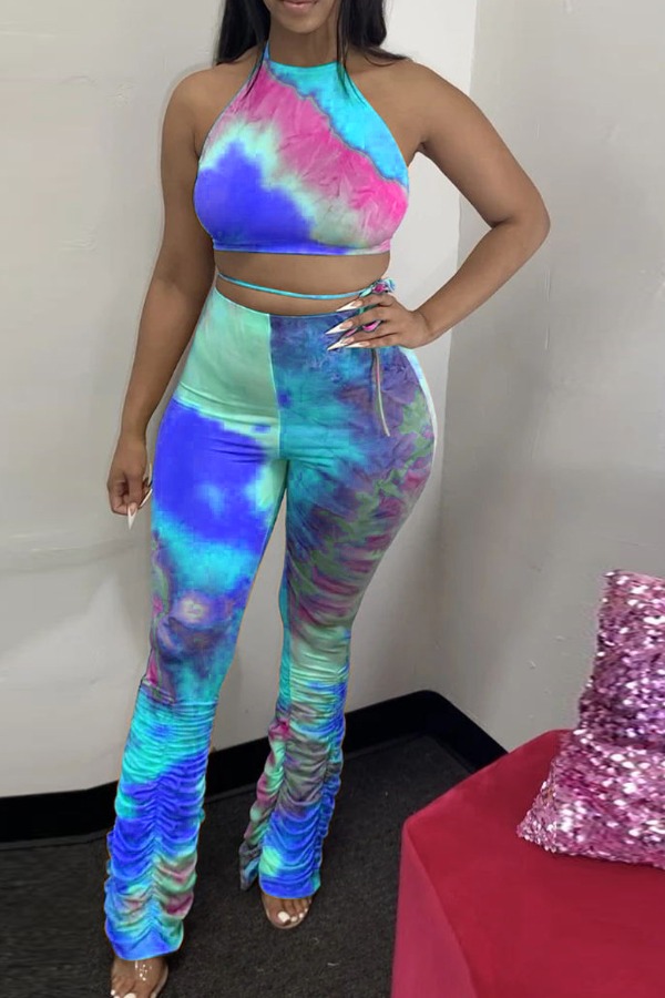 

lovely Stylish Tie-dye Blue Plus Size Two-piece Pants Set