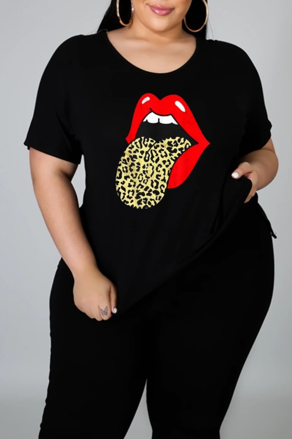 

lovely Street Lip Print Black Plus Size T-shirt
